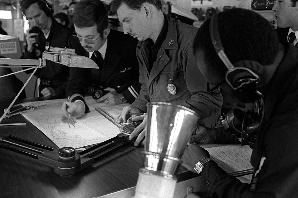 Crewmen Aboard The Destroyer USS JOHN HANCOCK DD 981 Plot The Ship S