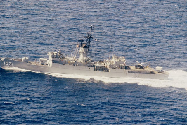 An Aerial Port Beam View Of The Knox Class Frigate USS BADGER FF 1071