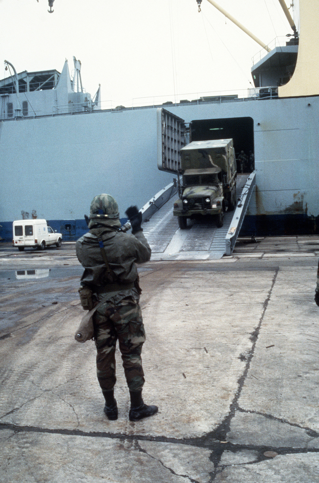 A Ton Truck Rolls Off The Vehicle Cargo Rapid Response Ship Usns