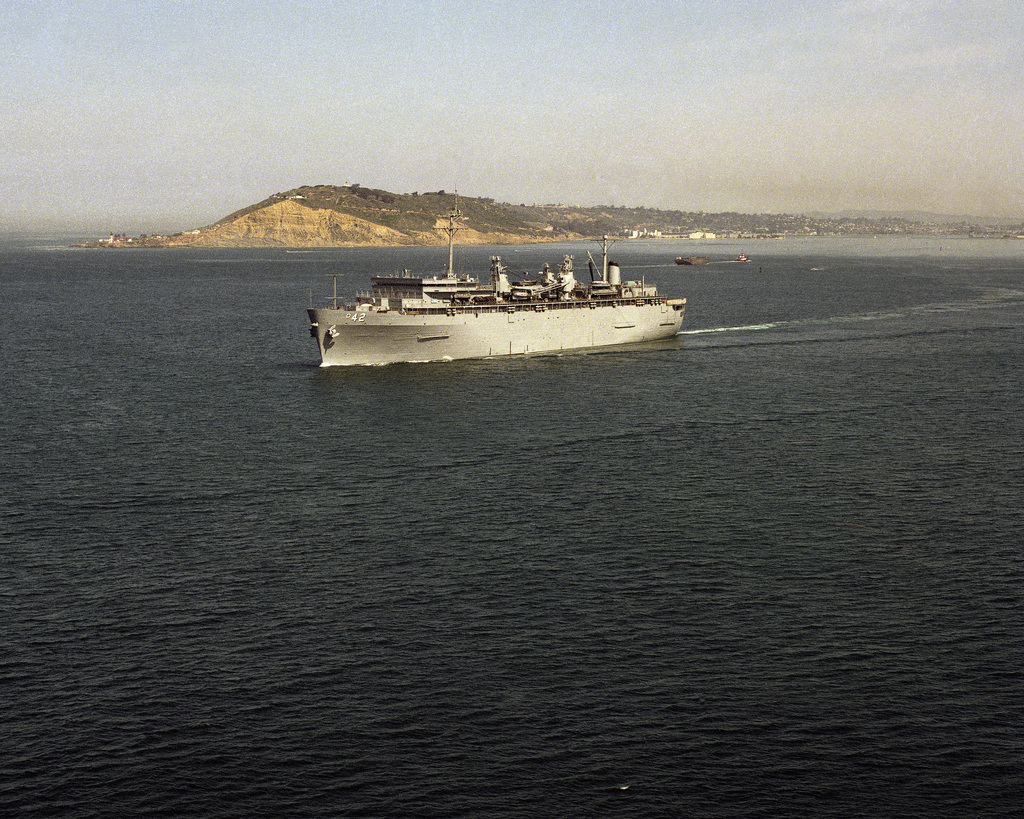 A Port Bow View Of The Destroyer Tender USS ACADIA AD 42 Underway For