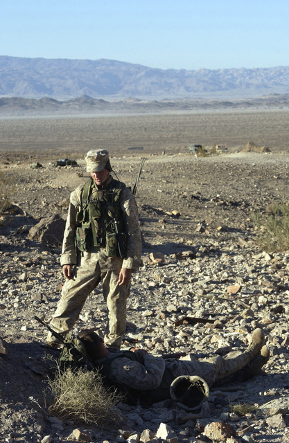 Two US Marine Corps USMC Marine Squad Leaders Chat While They Wait