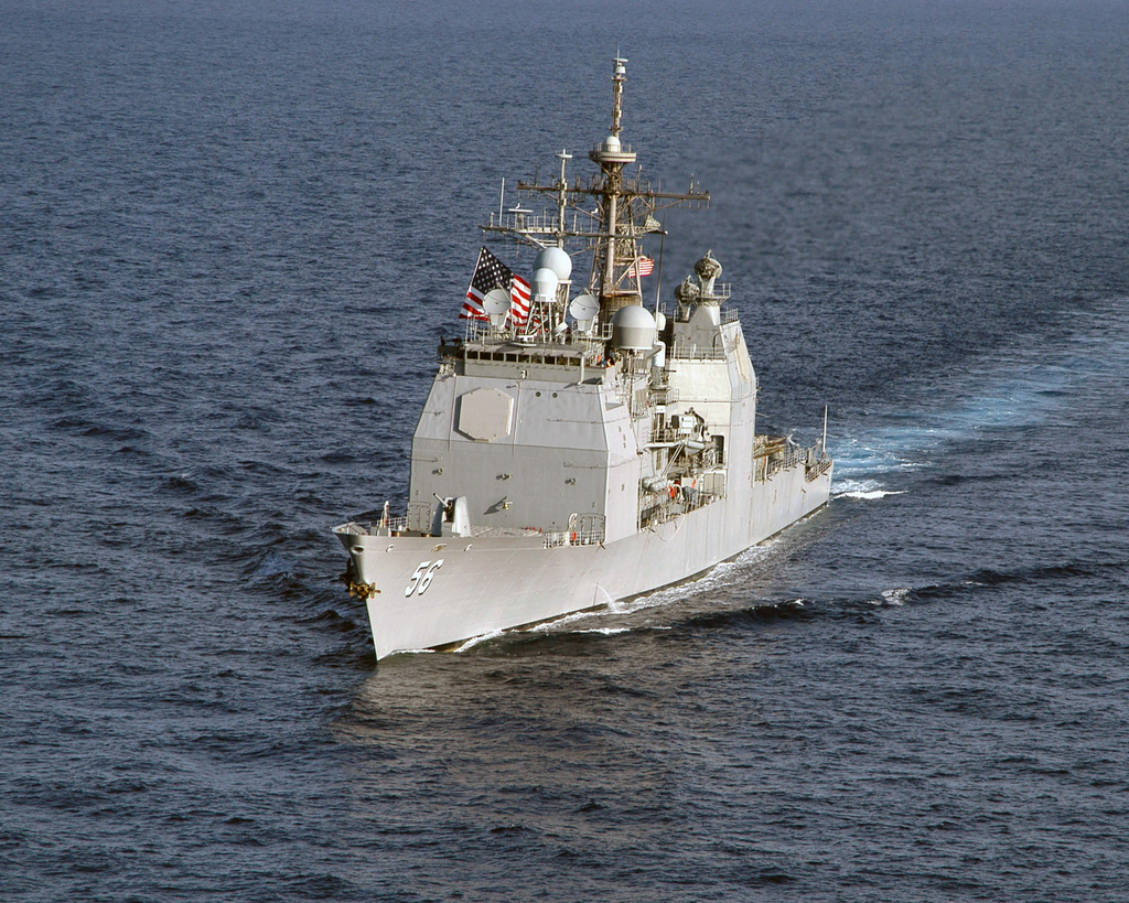 Aerial Port Bow View Of The US Navy USN Ticonderoga Class Guided