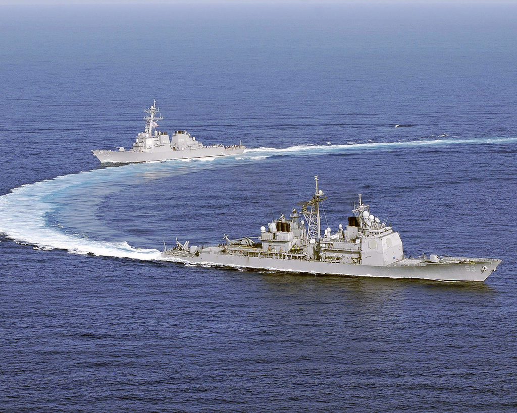 Aerial View Showing The US Navy USN Ticonderoga Class Guided Missile