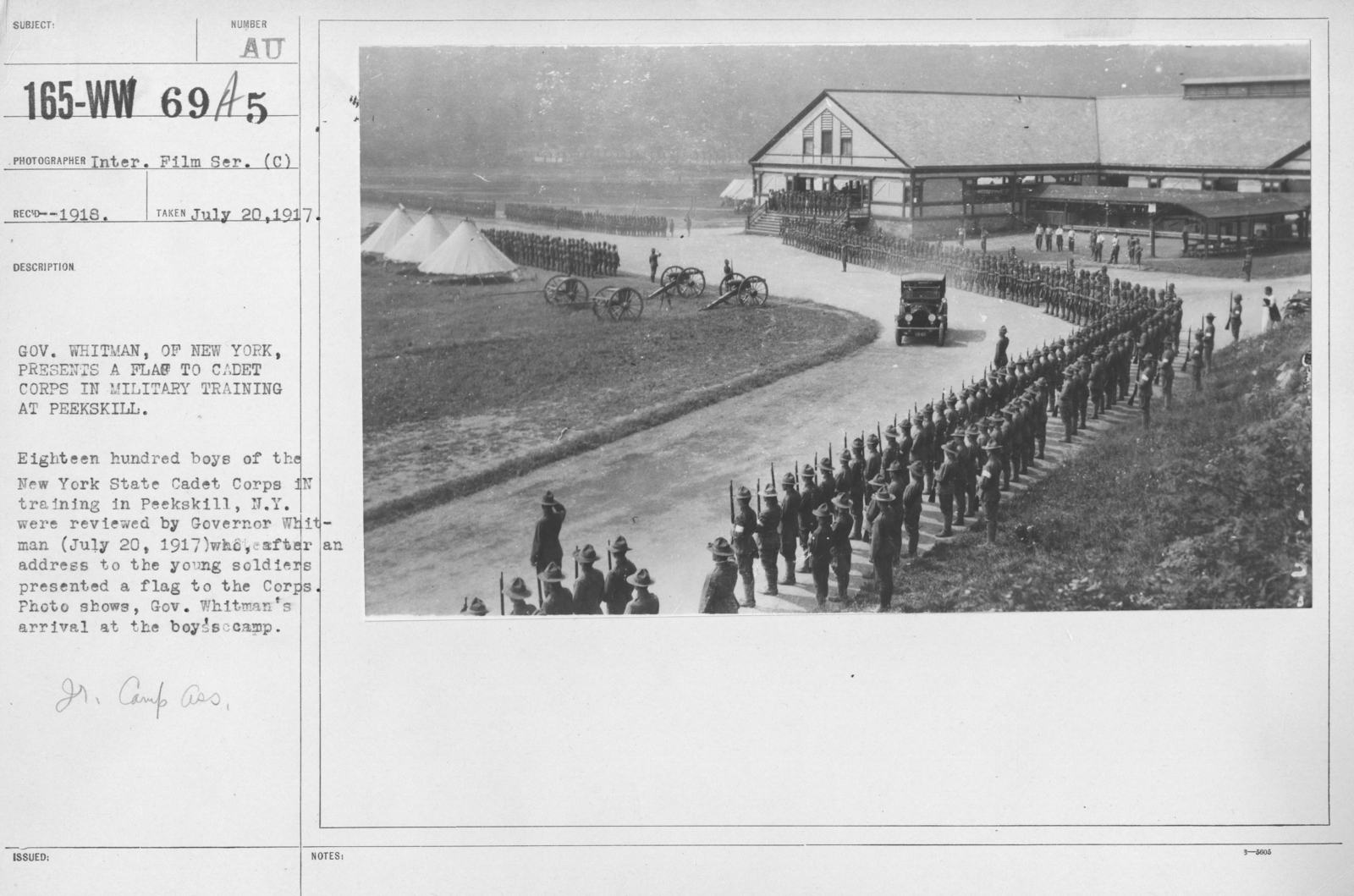 Boy's Activities - Junior Camp Association - Gov. Whitman, Of New York,  Presents A Flag To Cadet Corps In Miltiary Training At Peekskill. Eighteen  Hundred Boys Of The New York State Cadet