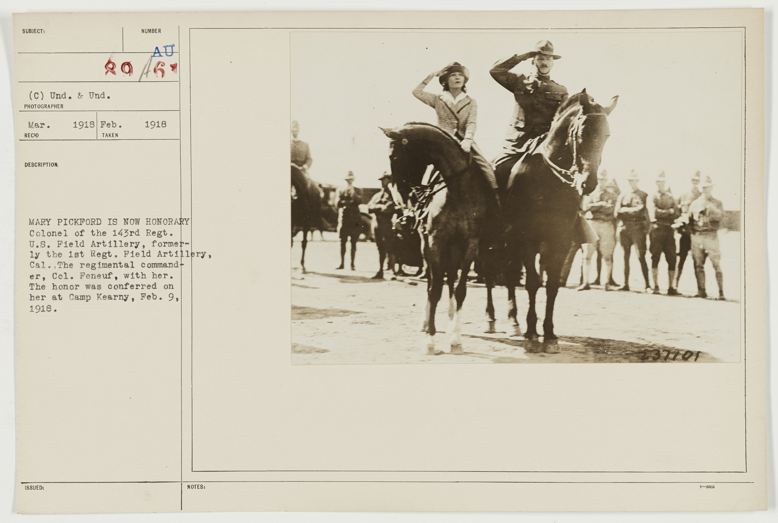 Ceremonies - Camp Funston thru Camp Lee - Mary Pickford is now honorary ...