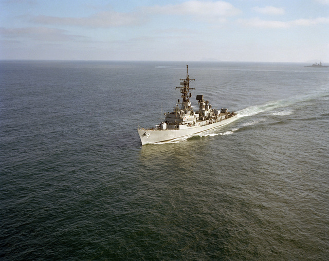 An aerial port bow view of the guided missile destroyer USS TOWERS (DDG ...