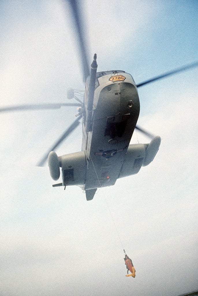 A sea-to-air view of an HH-3 Jolly Green Giant helicopter, from the ...