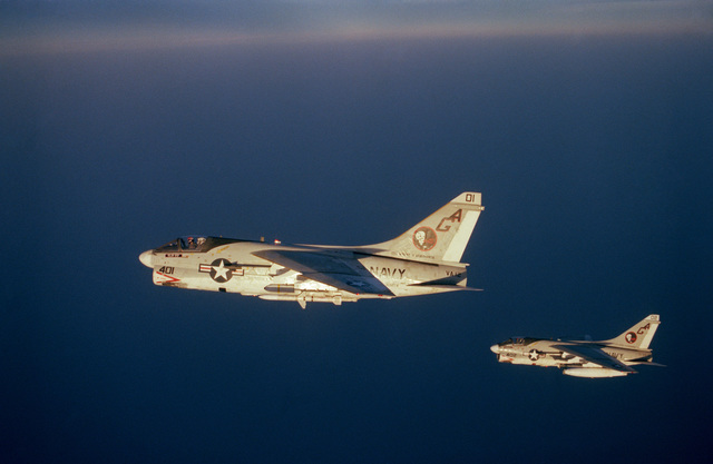 An Air To Air Left Side View Of Two Attack Squadron 12 (VA-12) A-7E ...