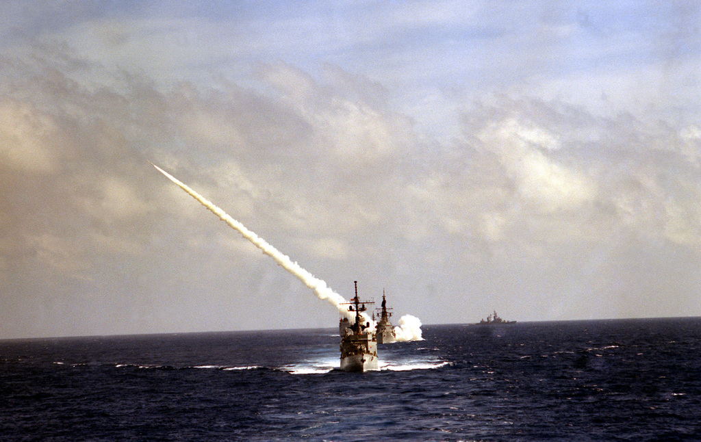 A bow view of the destroyer USS CARON (DD-970) as an RIM-2 Terrier ...