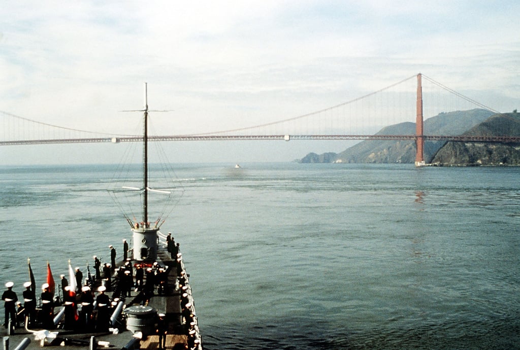 Crewmen Line The Rails And A Marine Honor Guard Stands Atop The Six Inch Gun Turret As The