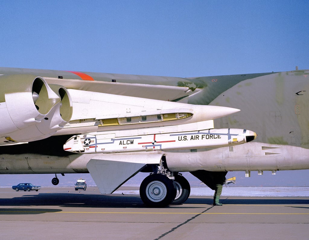 Side View Of An AGM-86 Air-launched Cruise Missile Mounted On A B-52 ...