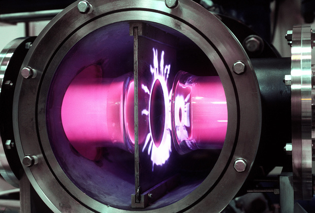 A close-up view of an electric discharge laser beam during an ...