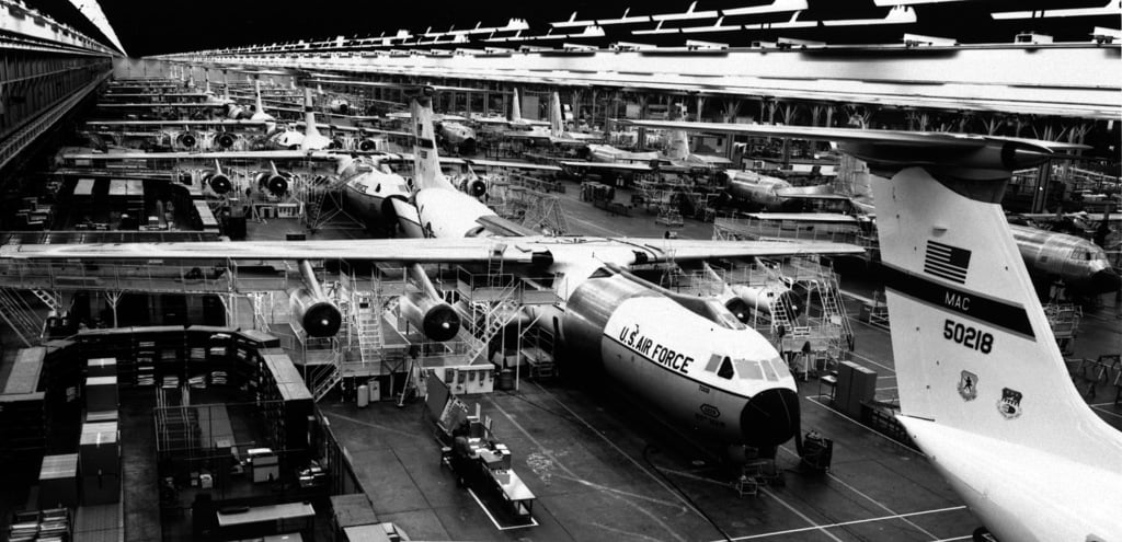 An overhead view of the assembly line at the Lockheed aircraft plant. C ...