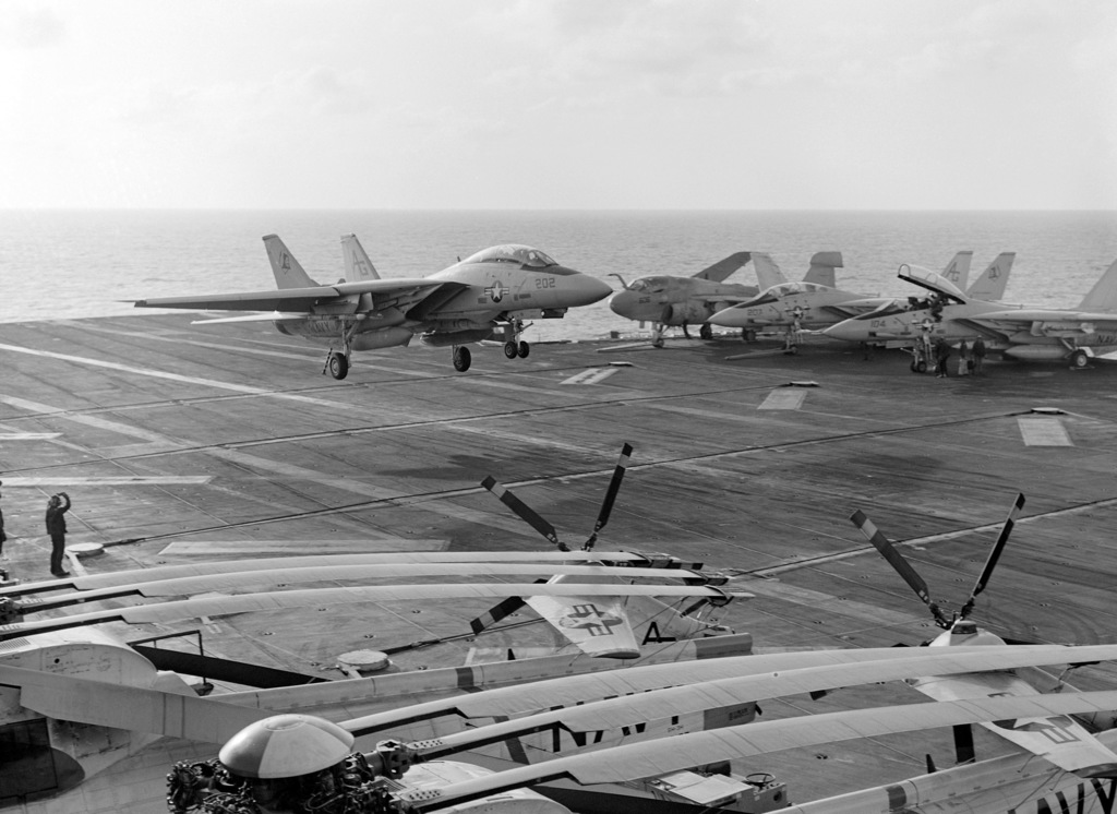 A Fighter Squadron 142 (VF-142) F-14A Tomcat aircraft lands aboard the ...