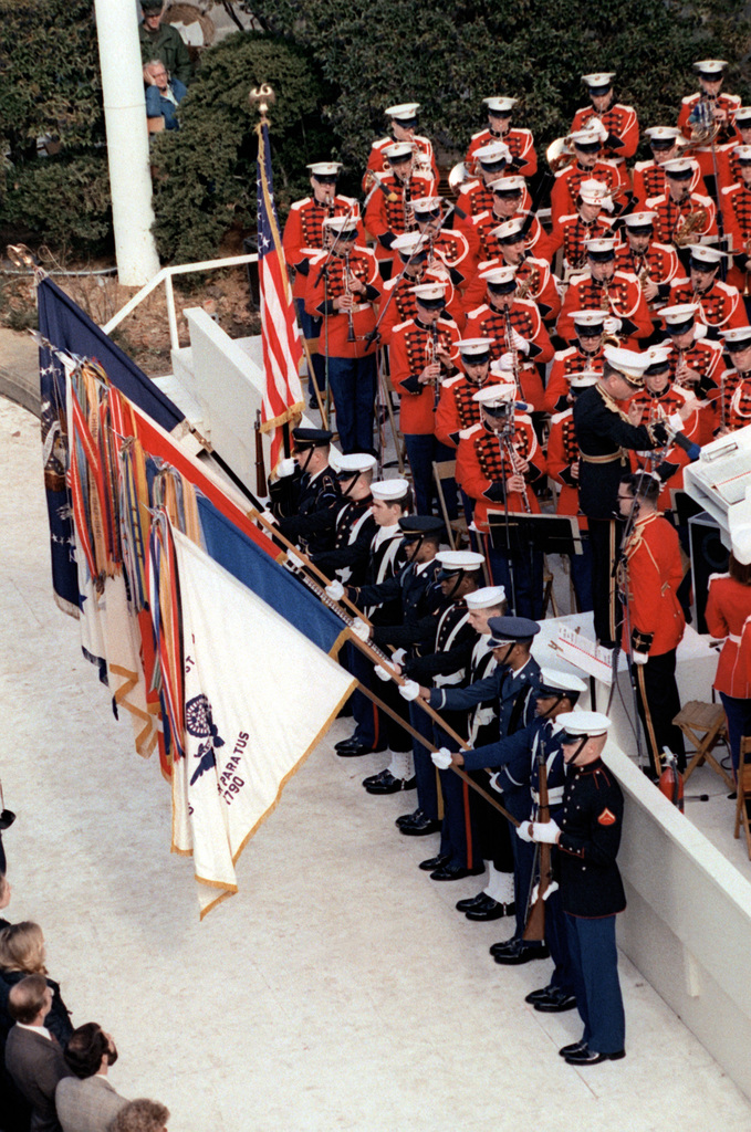 U.S. Marines with the Marine Corps color guard present colors during the  Marine Corps Worship Service at the Washington National Cathedral in  Washington, D.C., Nov. 15, 2015. The non-denominational church service was