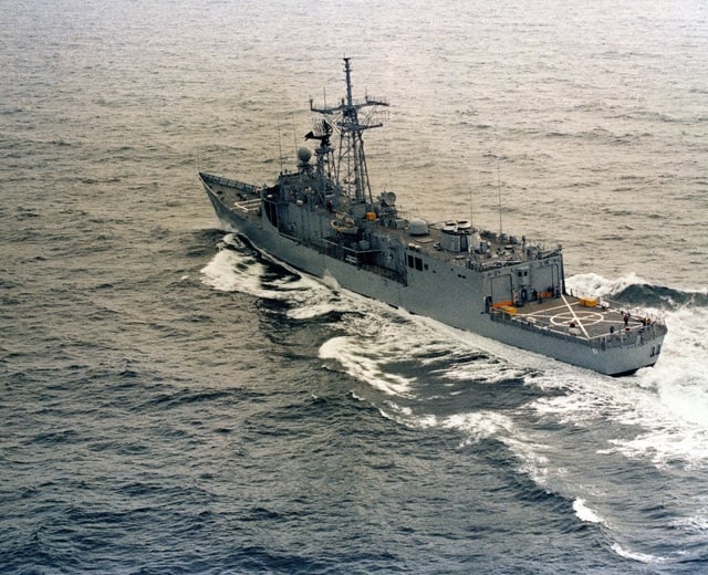 Aerial Port Quarter View Of The Oliver Hazard Perry Class Guided Missile Frigate Uss Flatley