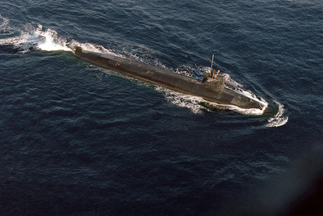 A starboard bow view of a nuclear-powered submarine underway - PICRYL ...