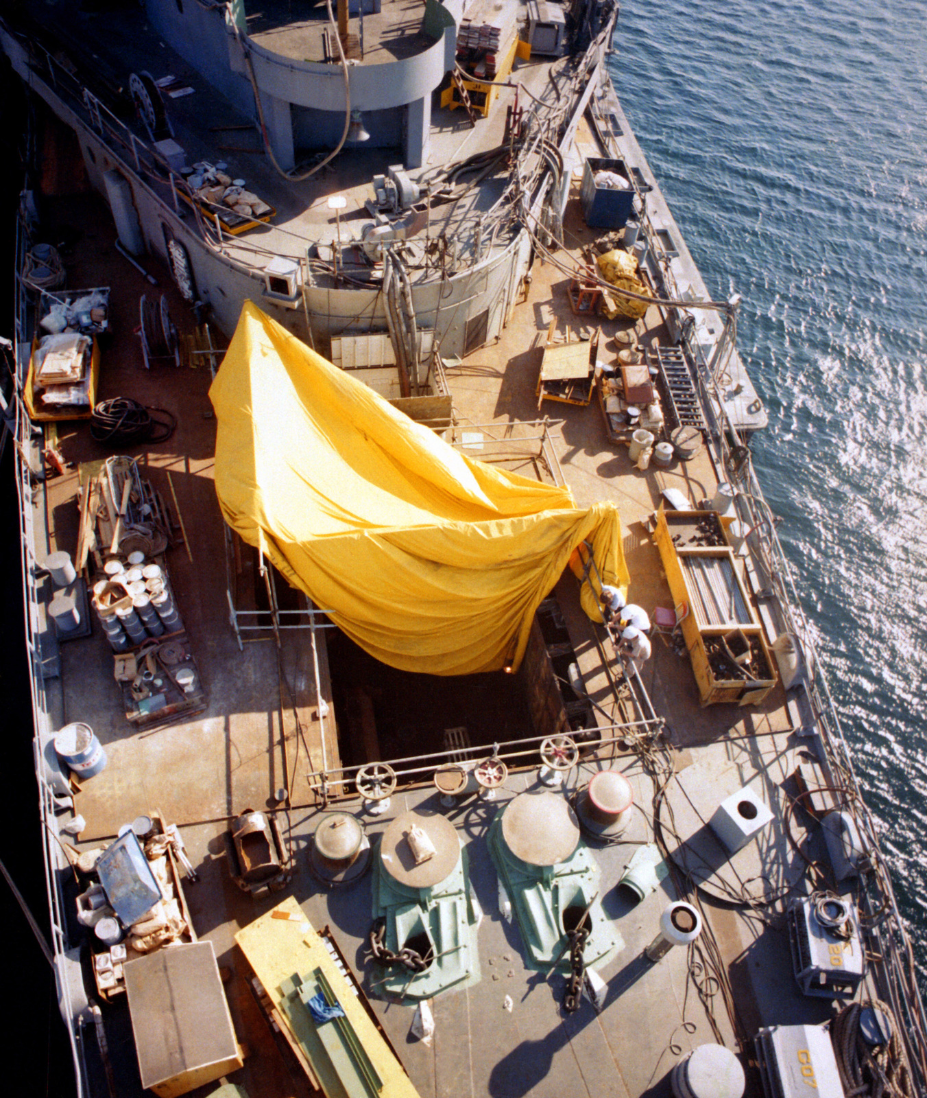 A vertical view of the forward deck of the guided missile ship USS ...