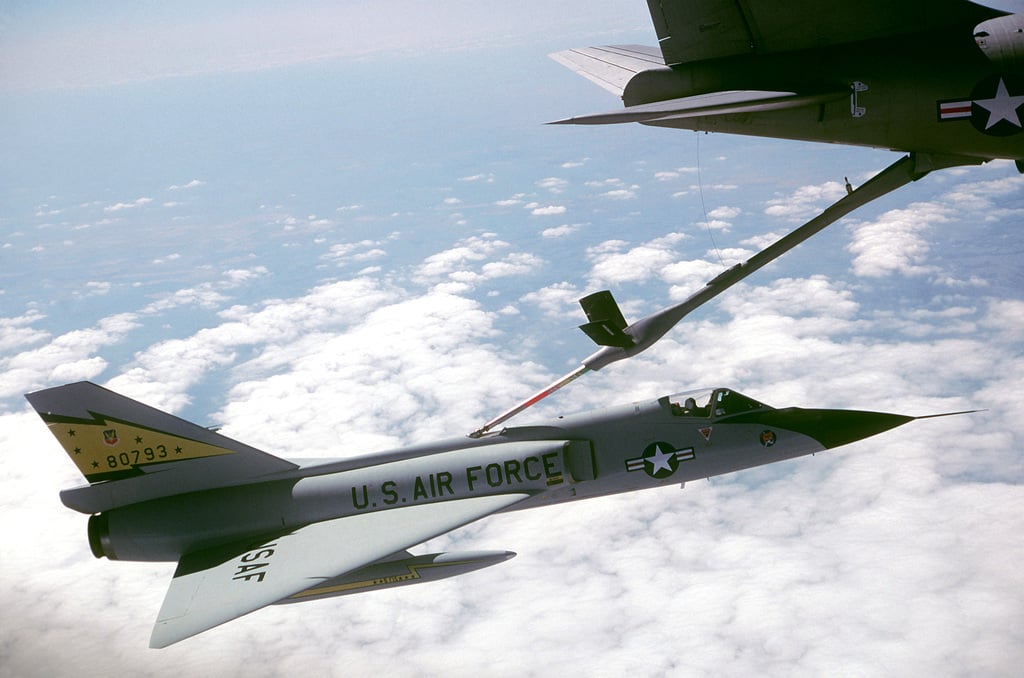 AN air-to-air right side view of an F-106 Delta Dart aircraft being ...