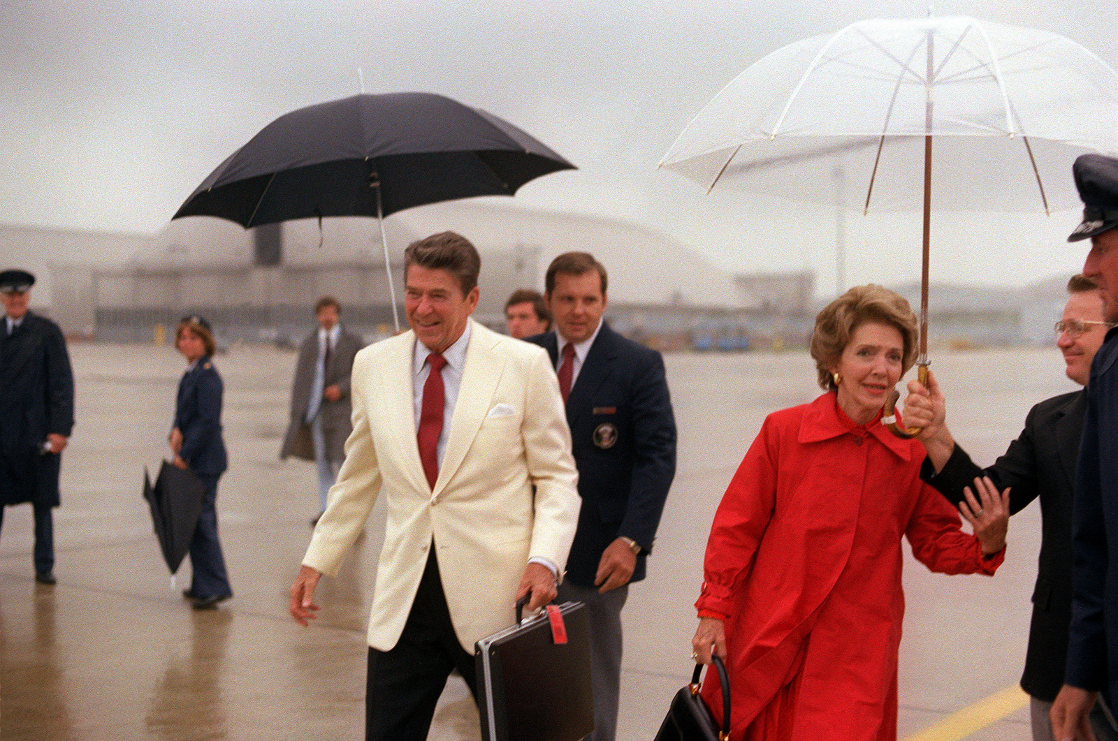 President Ronald and Nancy Reagan arrive at the base for departure on their trip