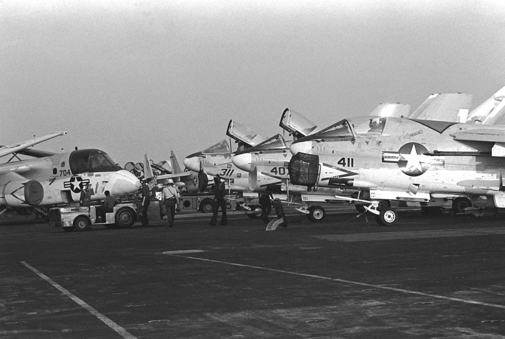 Parked A-7 Corsair II aircraft aboard the nuclear-powered aircraft ...