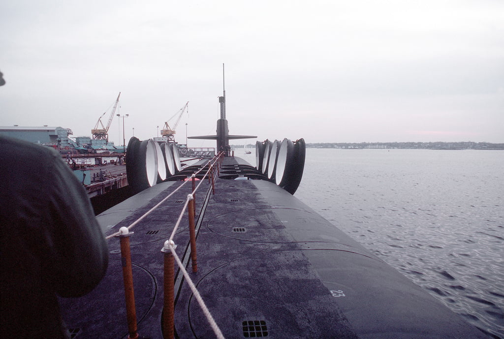 A deck view, looking toward the bow, of the nuclear-powered ballistic ...