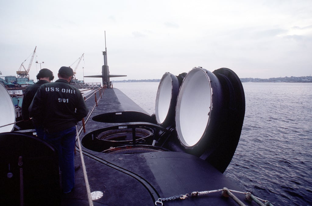 A deck view, looking toward the bow, of the nuclear-powered ballistic ...