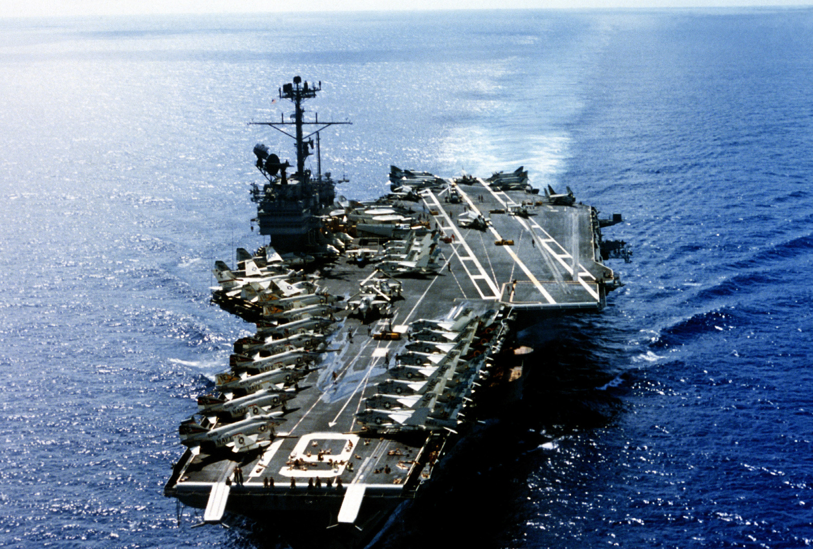 A bow view of the aircraft carrier USS RANGER (CV-61), equipped with ...