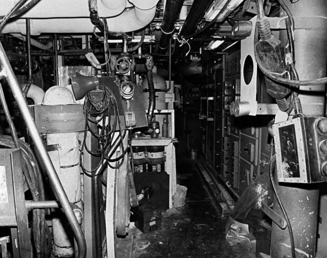 An interior view of auxiliary machine room No. 2 on the guided missile ...