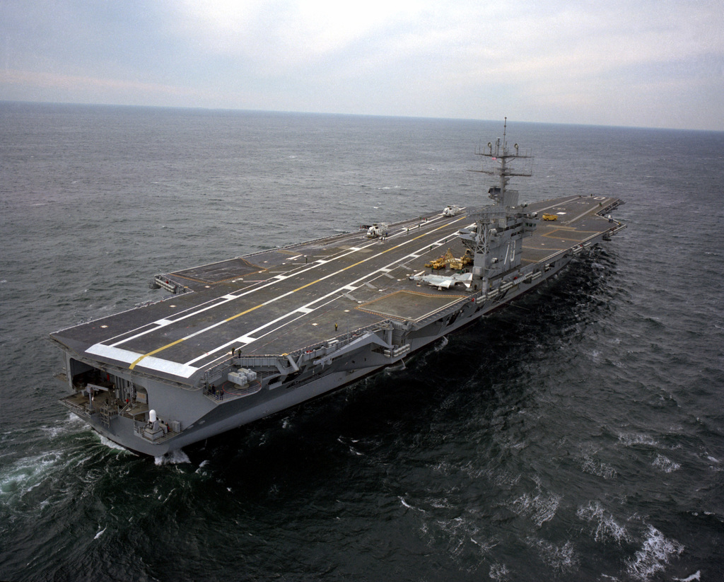 Aerial starboard quarter view of the nuclear-powered aircraft carrier ...