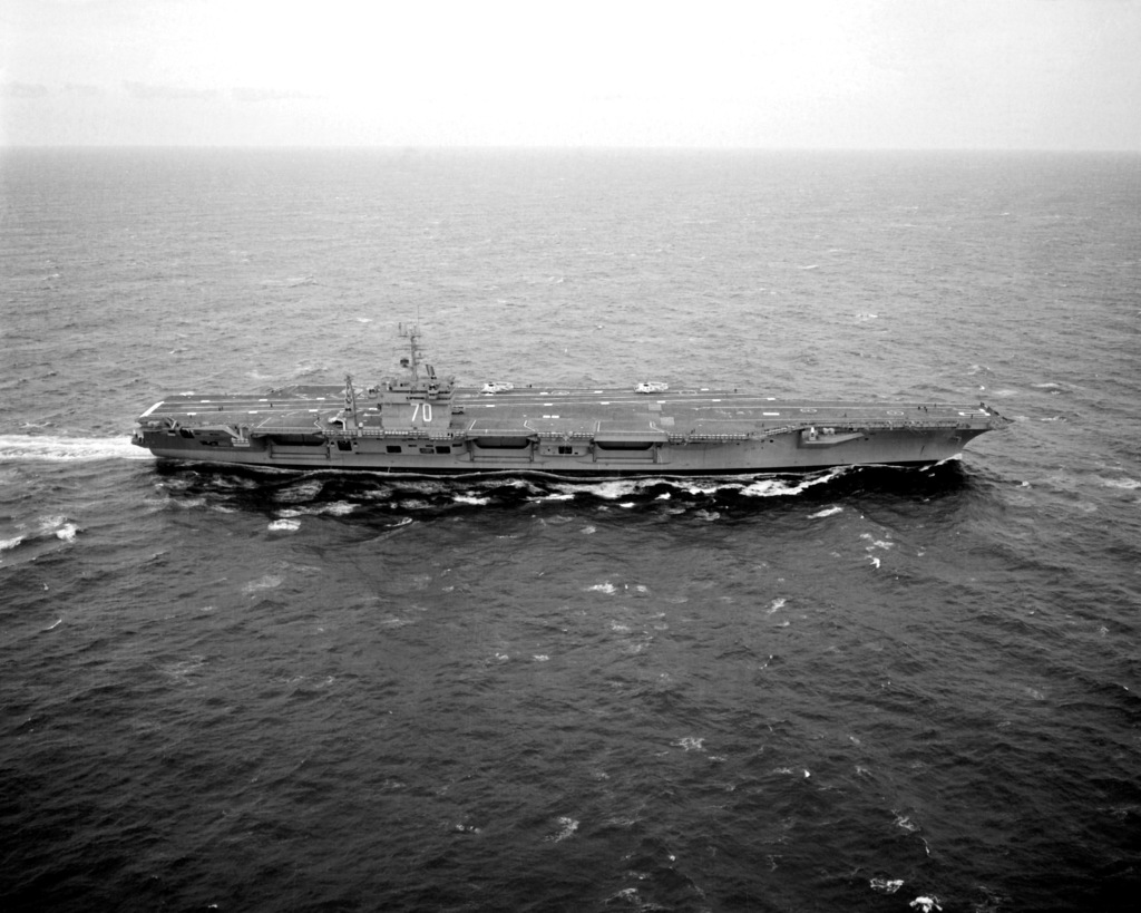 An aerial starboard beam view of the nuclear-powered aircraft carrier ...