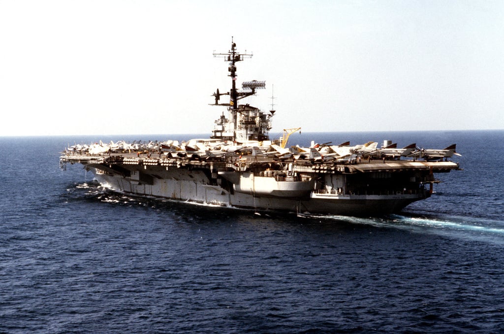 A port quarter view of the aircraft carrier USS CORAL SEA (CV 43 ...