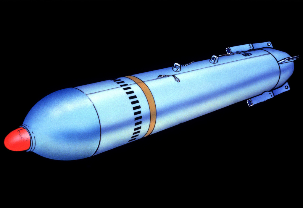 An artist's concept of a Big Eye bomb, an aircraft delivered binary  chemical bomb. This is the first weapon to generate a persistent nerve  agent from two non-toxic chemicals. These non-toxic agents