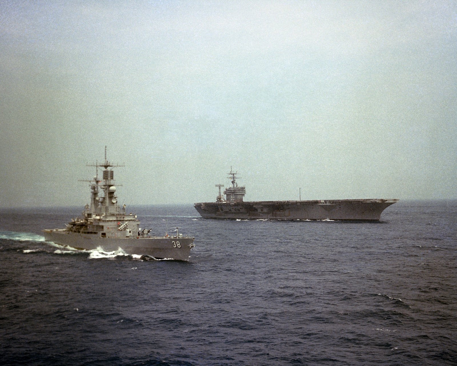 A starboard bow view of the nuclear-powered guided missile cruiser USS ...