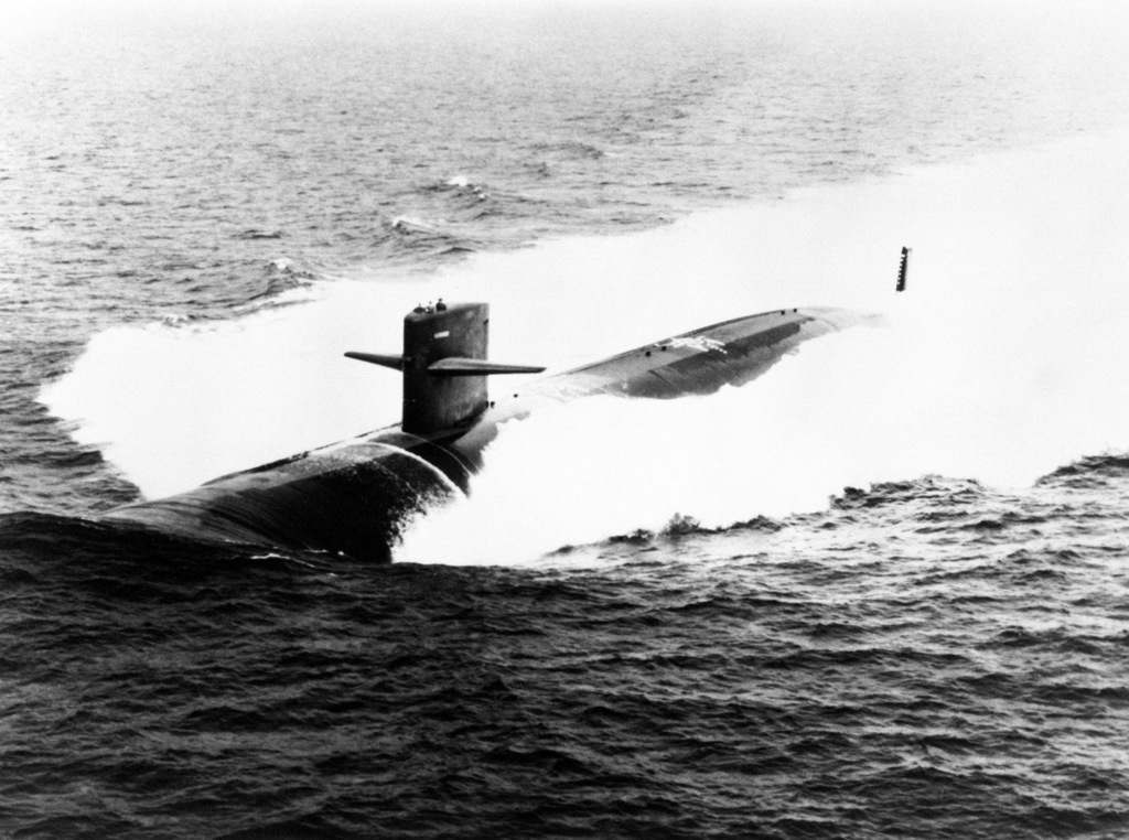 A port bow view of the nuclear-powered attack submarine USS BALTIMORE ...