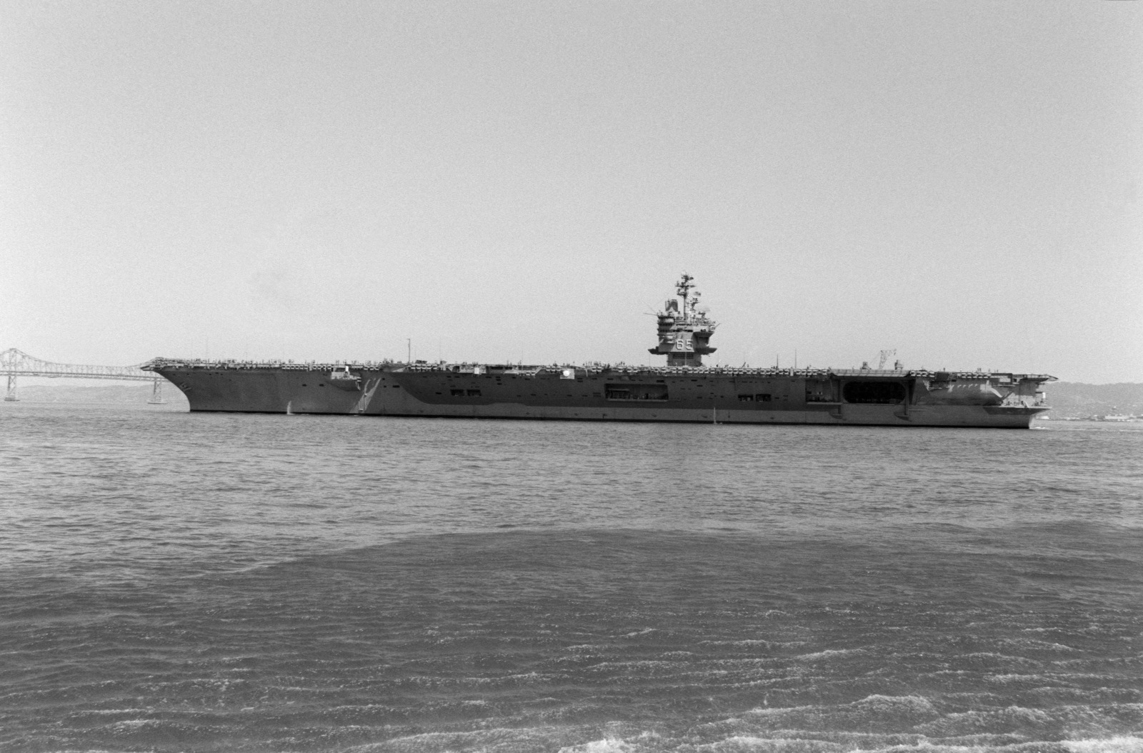 Aerial port beam view of the nuclear-powered aircraft carrier USS ...