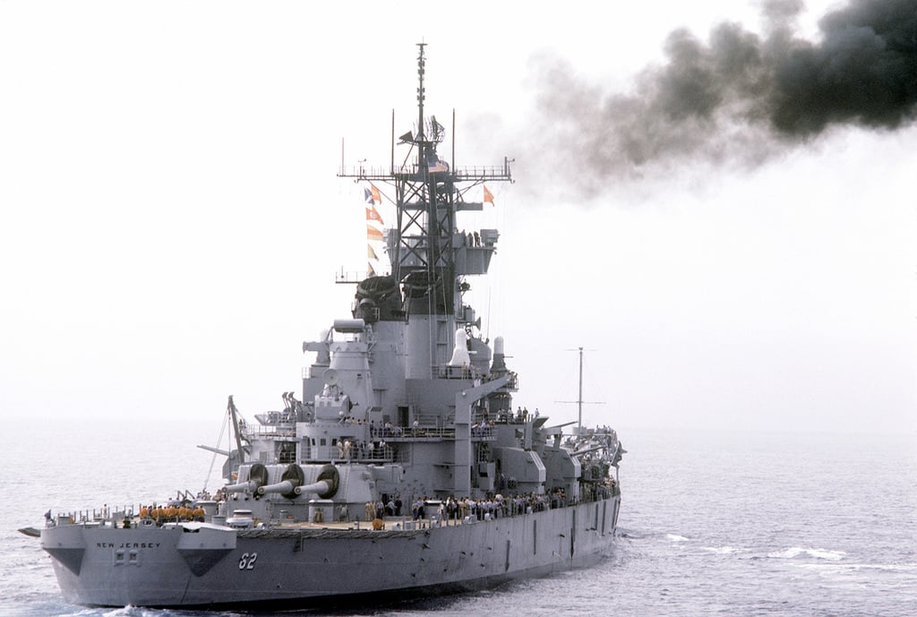 Starboard quarter view of the battleship USS NEW JERSEY (BB-62) during ...