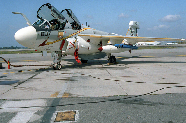 A view of an ALQ-167 pod fitted to a Tactical Electronic Warfare Squadron 134 (VAQ-134) A-6B Intruder aircraft, assigned to Naval Air Station, Whidby Island, Washington
