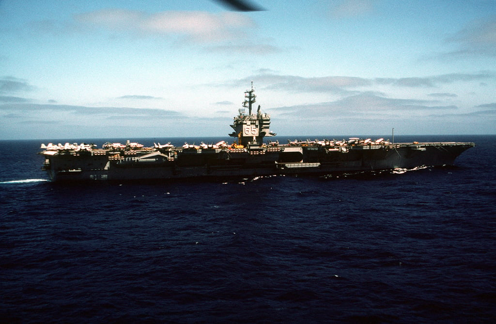 Aerial starboard view of the nuclear-powered aircraft carrier USS ...