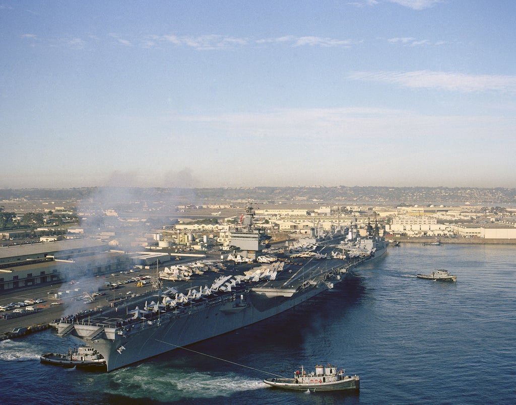 Aerial port bow view of the nuclear-powered aircraft carrier USS ...