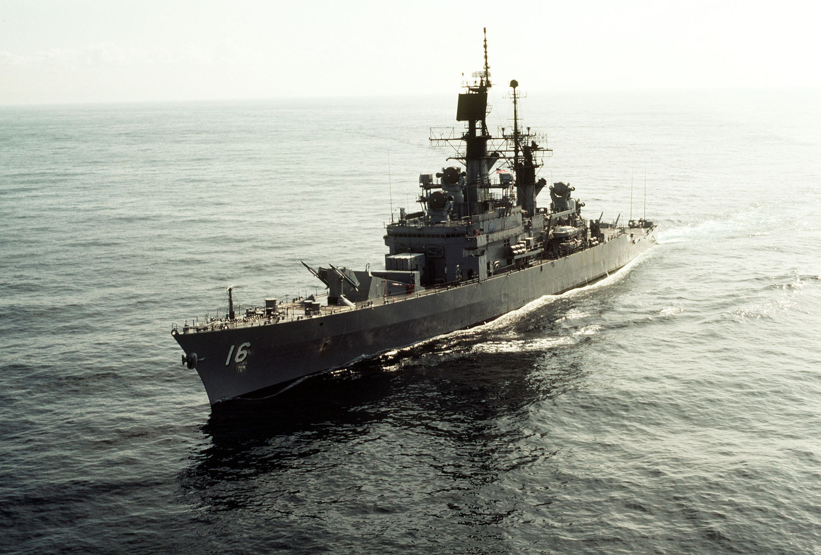 Aerial port bow view of the guided missile cruiser USS LEAHY (CG 16 ...