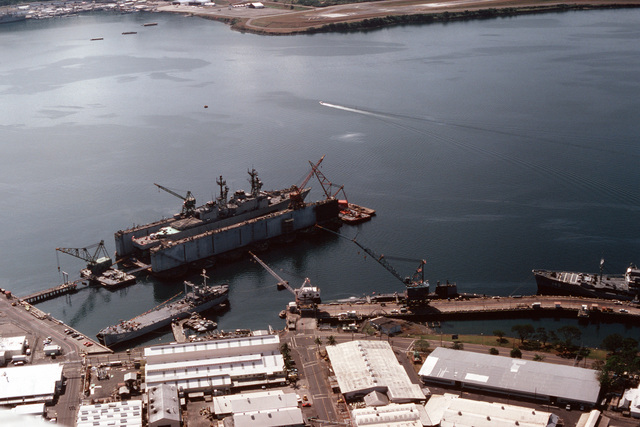 An aerial view of the ship repair facility at the Subic Naval Station ...