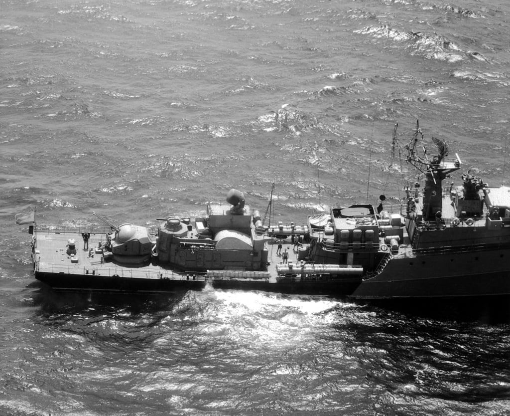 Aerial starboard aft view of a Soviet Grisha III class frigate underway ...