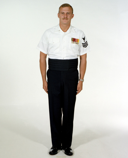 Uniform: Tropical dinner dress blue, Navy enlisted men, ranks E-1 ...