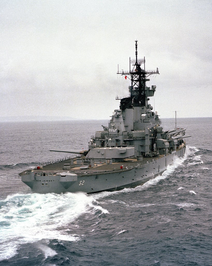 Aerial starboard quarter view of the battleship USS NEW JERSEY (BB 62 ...