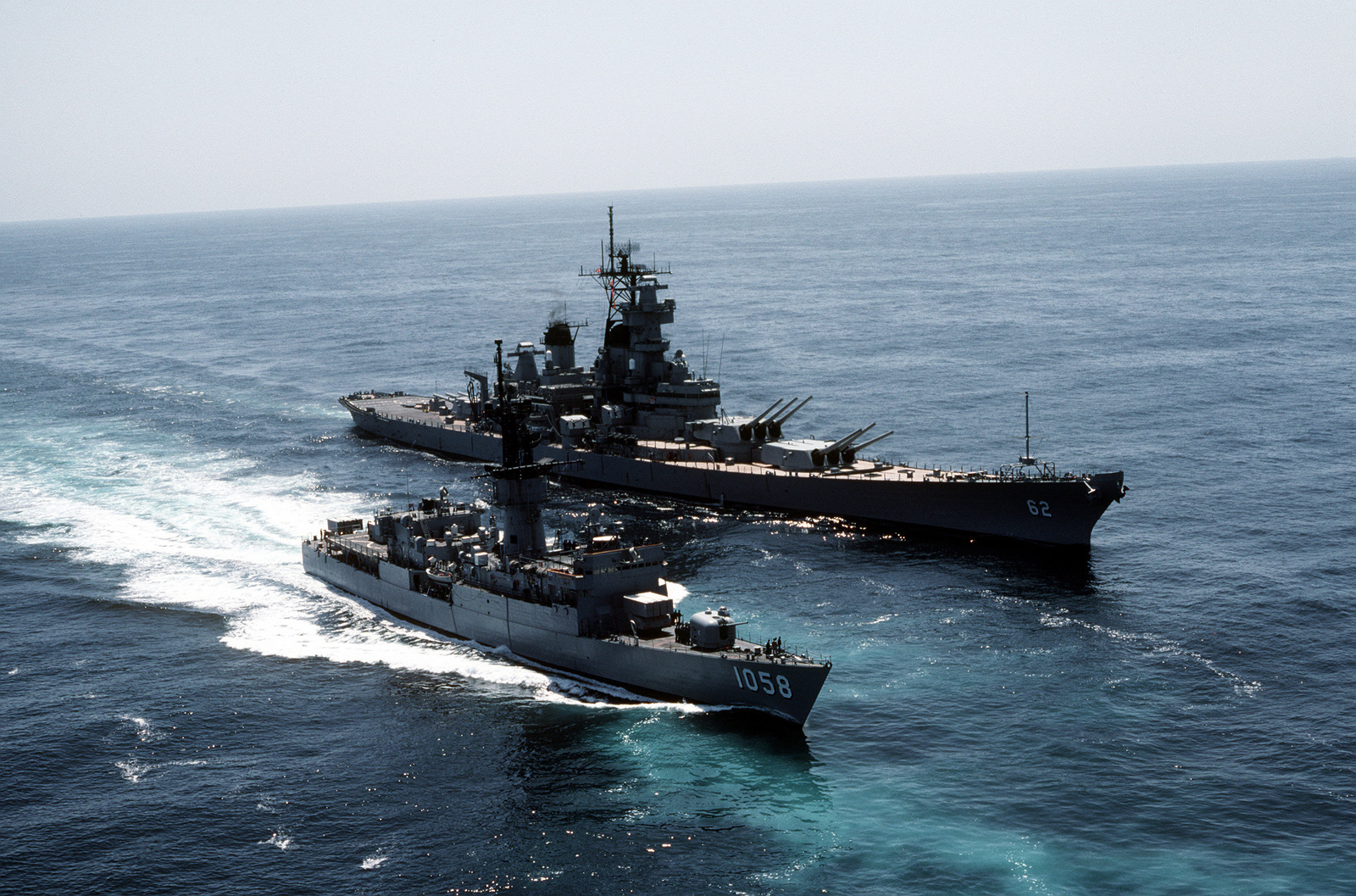 Aerial starboard bow view of the battleship USS NEW JERSEY (BB-62 ...