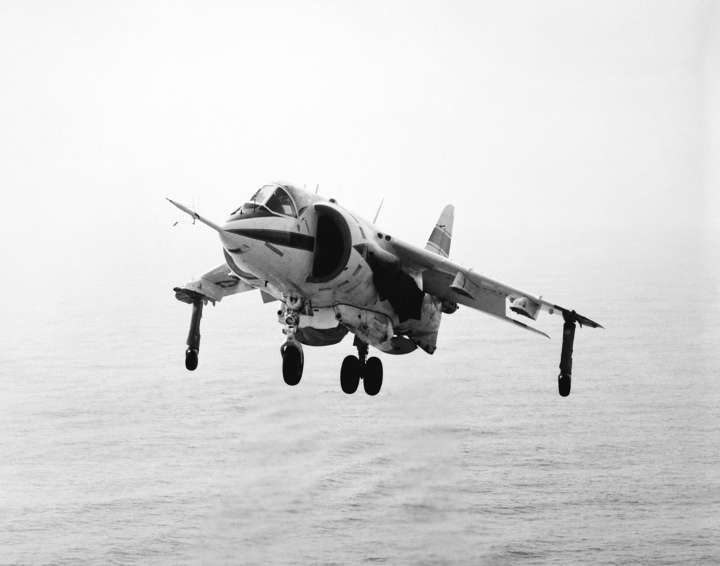 Left front view of an AV-8C Harrier vertical/short takeoff and landing ...