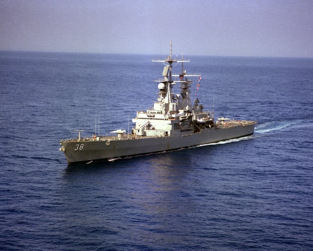 A port bow view of the nuclear-powered guided missile cruiser USS ...