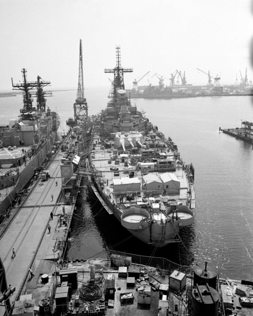 A stern view of the battleship IOWA (BB-61) in port for conversion and ...