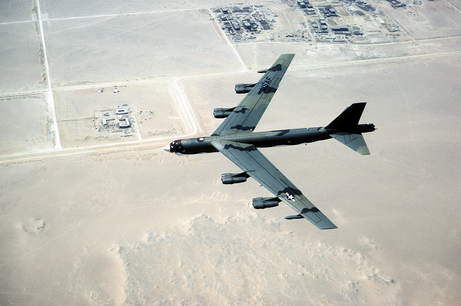 A U.S. Air Force B-52 Stratofortress Bomber Seen From Above As It Flies ...